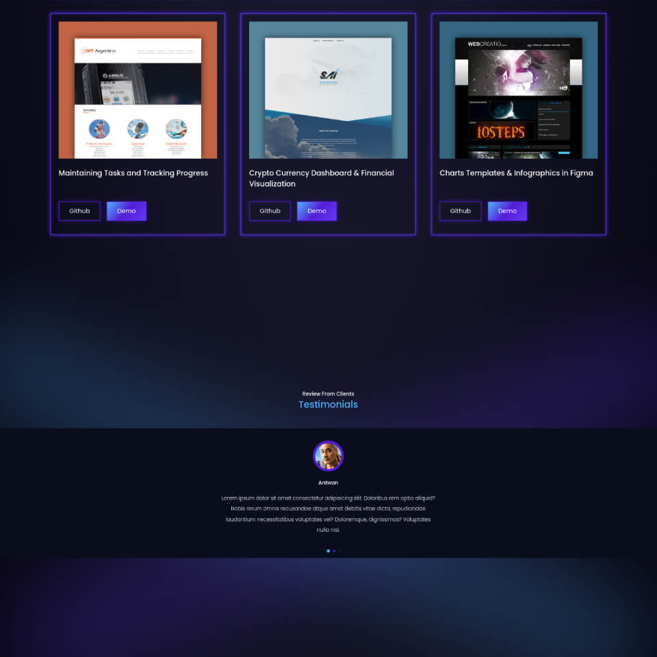 Portfolio cards and testimonials
